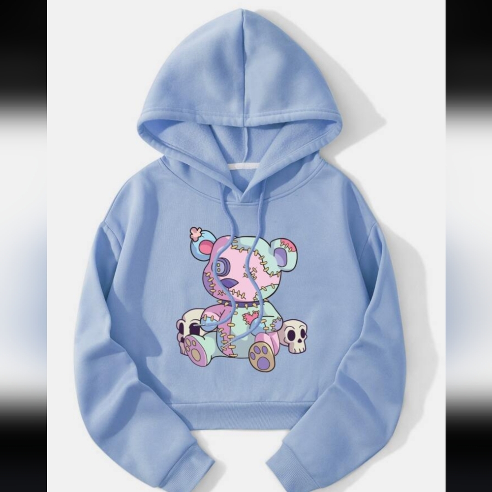 Blue Hoodie with Bear Graphic Shein Size S